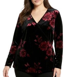 Lane Bryant Black Rich Velvet Floral Wrap Long Sleeve Top Womens Plus Size 22/24